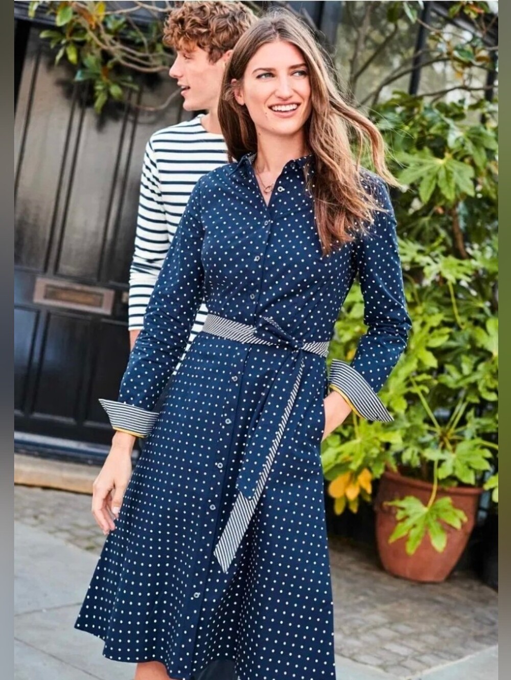 BODEN Posy Shirt Dress Navy White Polkadot  Pockets Belt Size 6L